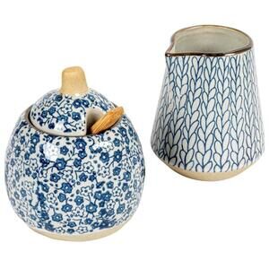 Creative Co-Op Hand-Painted Spoon & Lid Set, Stoneware Creamer & Sugar Pot